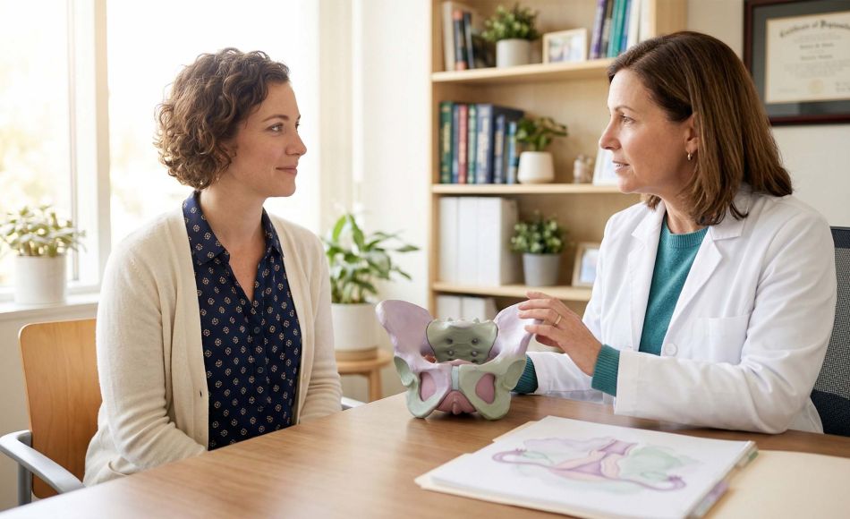 Illustrated anatomical diagram of the clitoris with clinical measurement labels, rendered in soft pastel tones for a women's health article on clitoromegaly