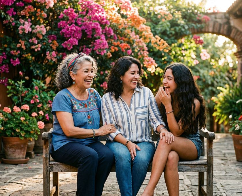 A grandmother, mother, and daughter sharing a moment of connection in a traditional courtyard.
