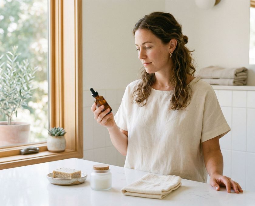 Woman reviewing hygiene products at a clean bathroom counter, representing microbiome-informed self-care