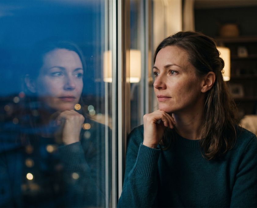 Woman sitting alone looking out a window in quiet reflection