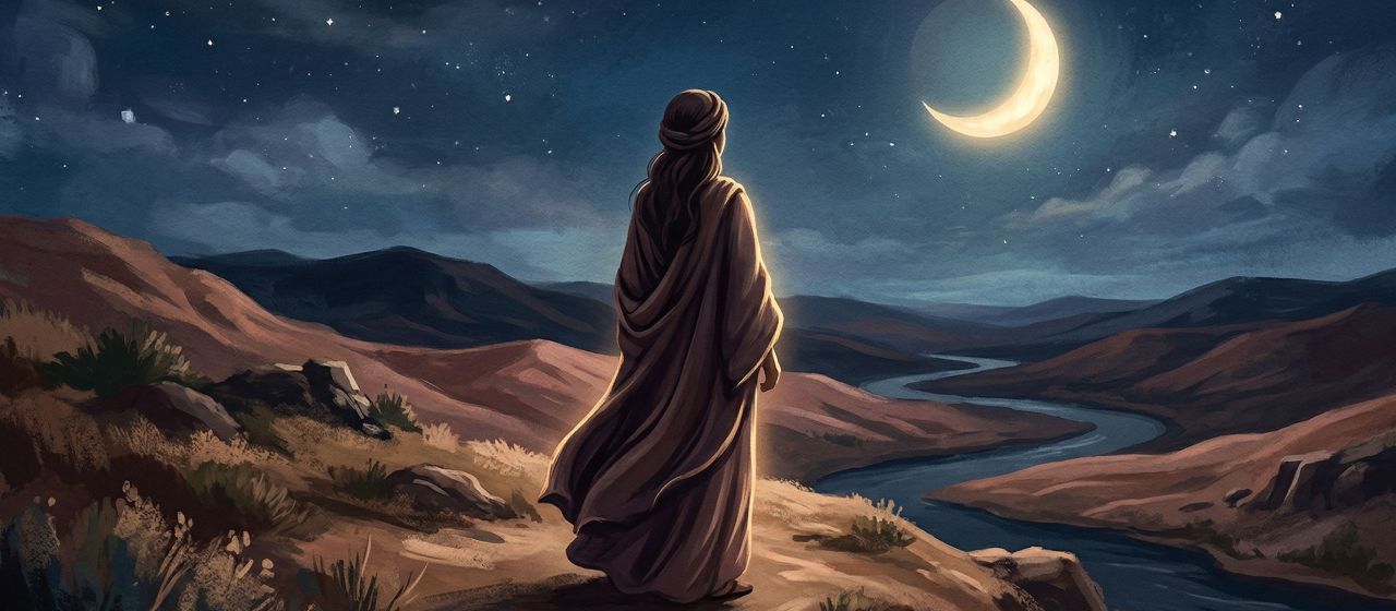 Silhouette of a woman beneath a crescent moon, representing the historical and cultural connection between the female cycle and lunar rhythms across ancient societies