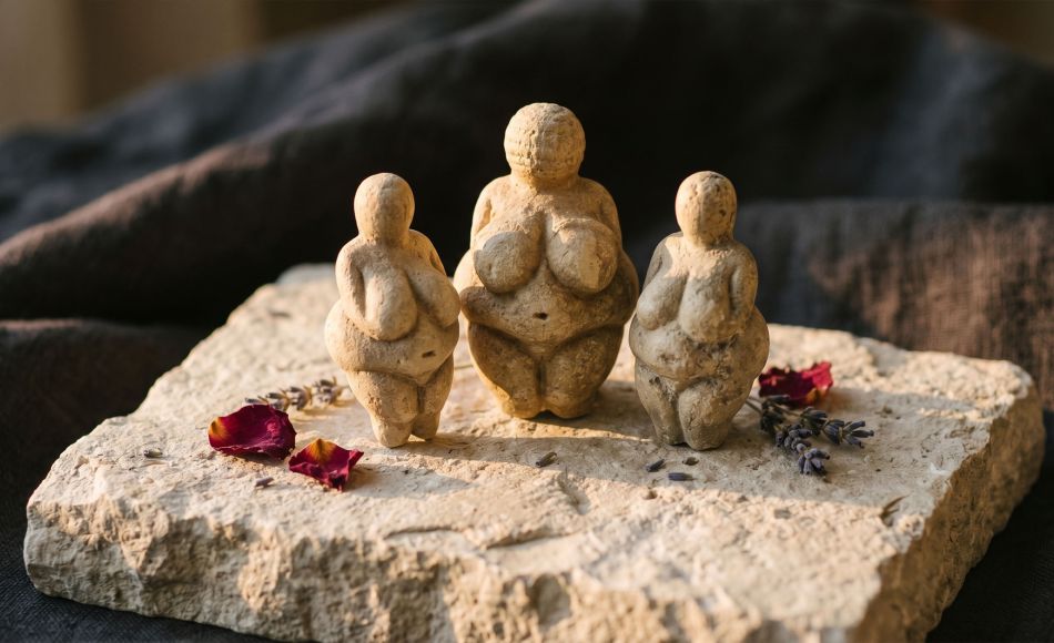 Ancient Venus figurines and sacred feminine symbols from world cultures displayed on natural stone with warm ambient light
