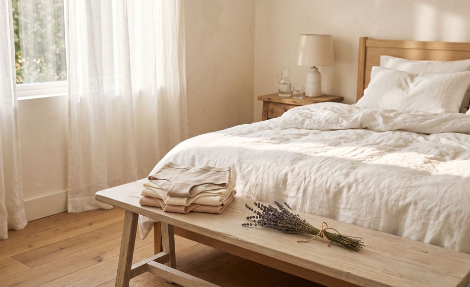 Soft white cotton bed linens in morning light with folded natural cotton underwear, representing breathable, underwear-free sleep for intimate skin