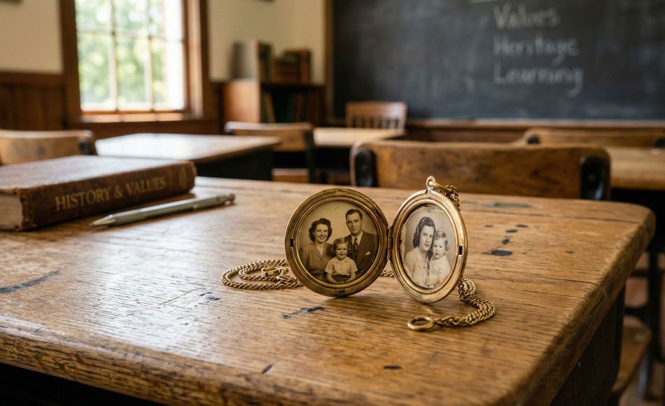 A classic wooden school desk with a small flower and a vintage locket, representing a calm and neutral educational environment.