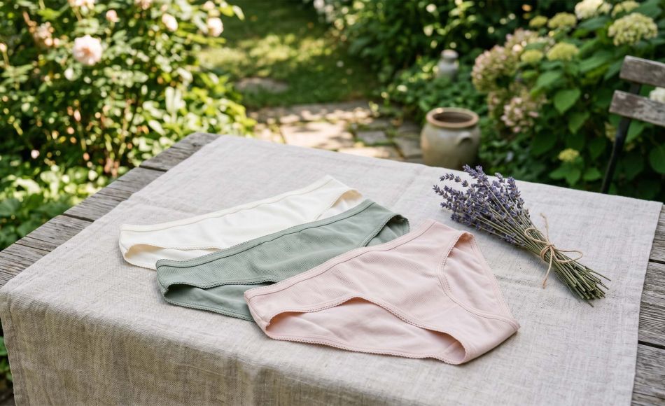 Neatly folded breathable cotton underwear in soft neutral colors on a white linen background.