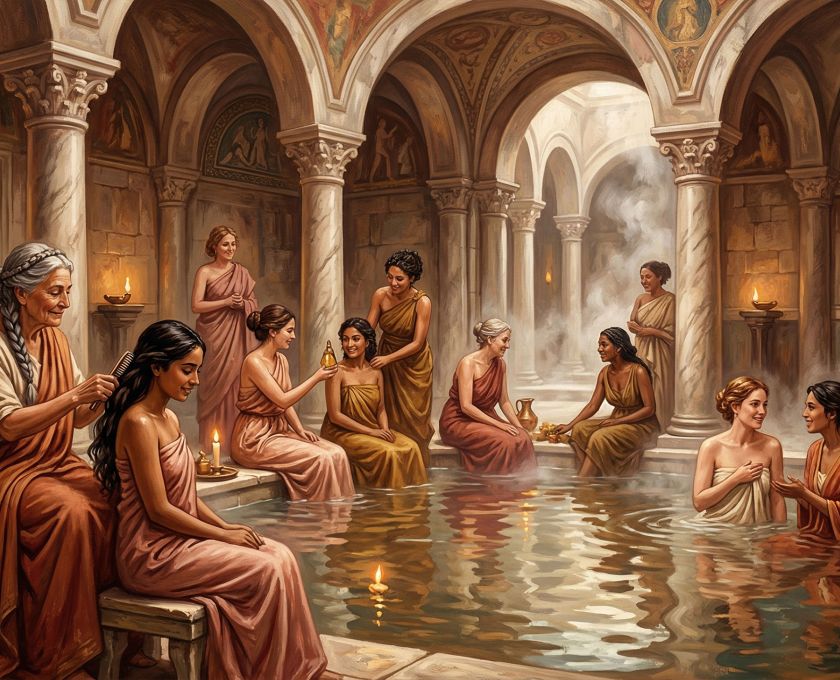 Women gathered in an ancient stone bathhouse during a ceremonial ritual, depicted in warm candlelit tones as a cultural history illustration