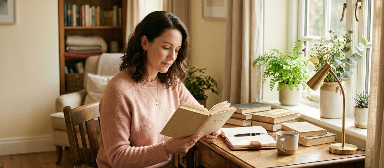 A woman seated at a sunlit desk reading and reflecting in soft warm light