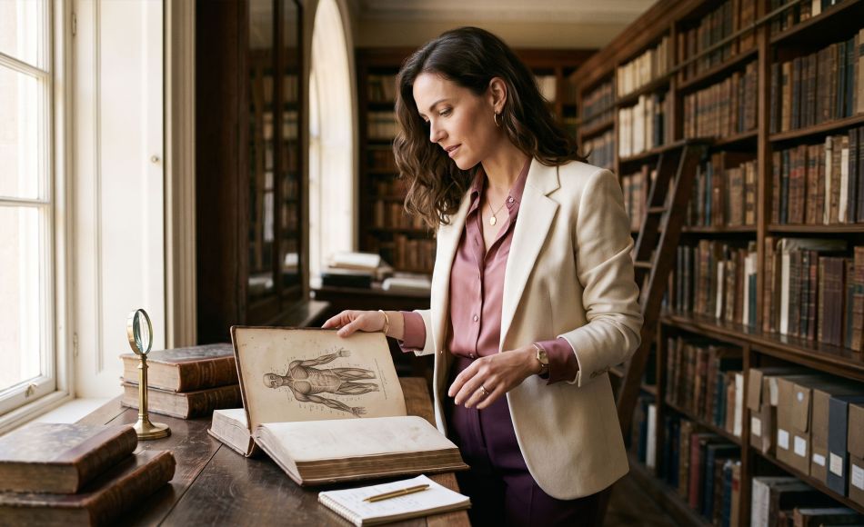 Elegant woman examining a 19th-century medical catalogue in a sunlit archive, illustrating the documented history of Victorian hysteria treatment