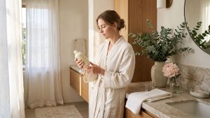 Woman in ivory robe thoughtfully reading a fragrance-free intimate care product label in a sunlit bathroom