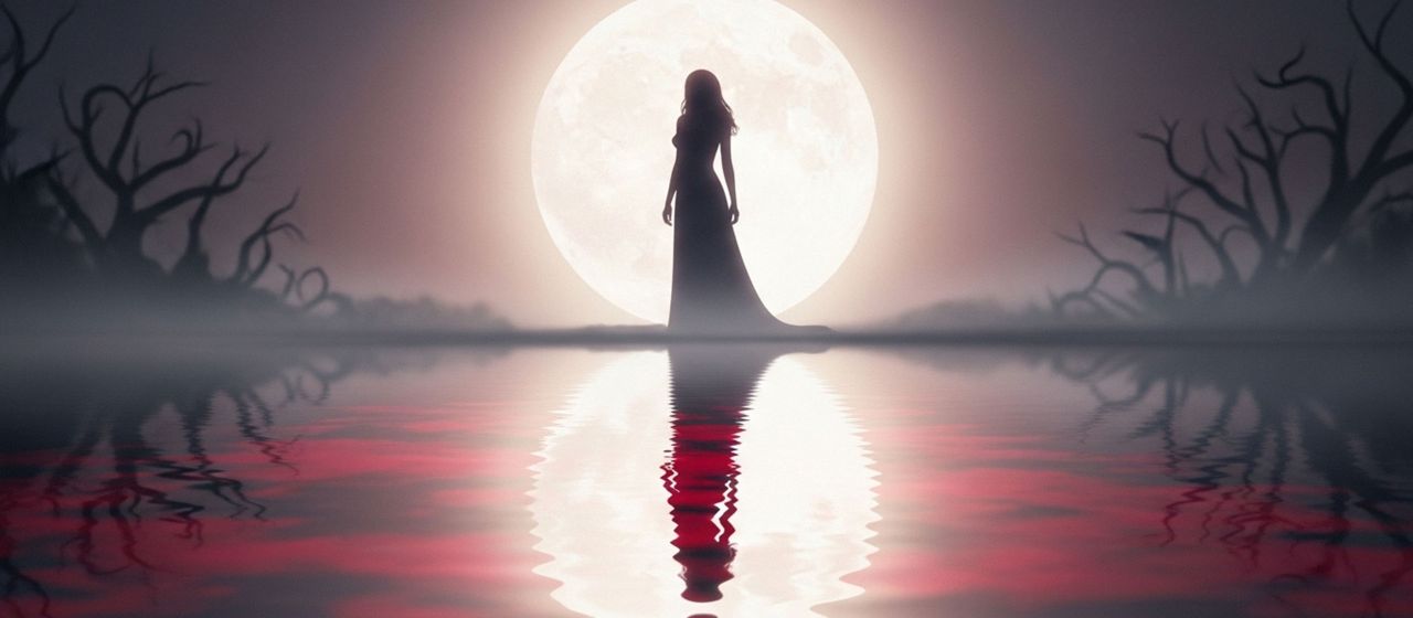 Illustration einer Frau unter einem Vollmond, die alte Menstruationsmythen darstellt