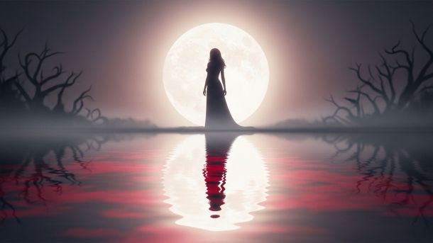 Illustration einer Frau unter einem Vollmond, die alte Menstruationsmythen darstellt