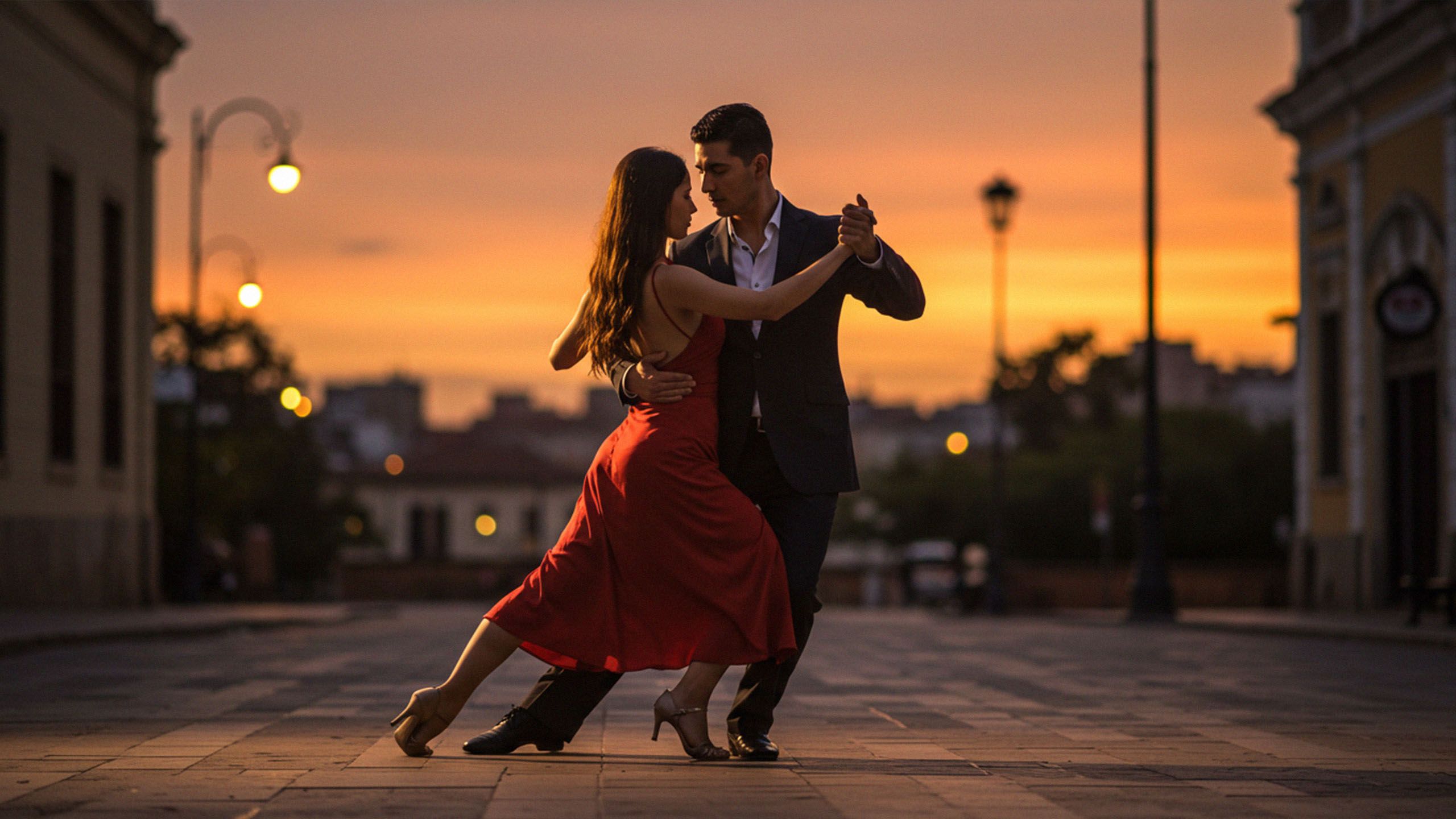 Südamerikanisches Paar tanzt Tango bei Sonnenuntergang