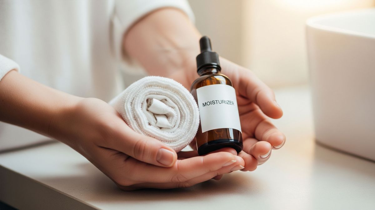 Neutrales Badezimmerbild mit Befeuchterflasche und Handtuch — Thema Scheidentrockenheit.