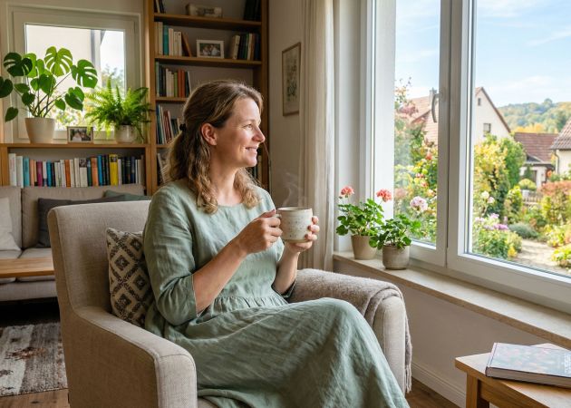Eine ruhige Frau genießt einen stillen Moment in einem hellen, sauberen Zuhause.