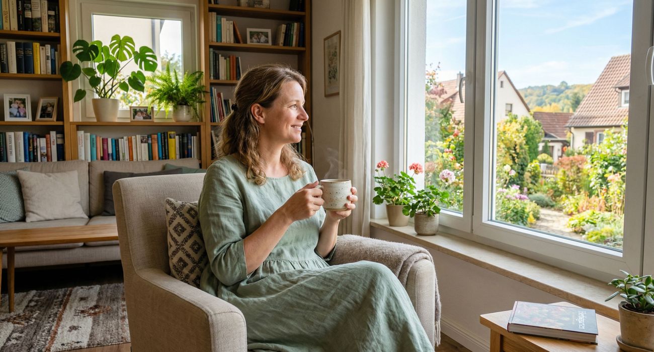 Eine ruhige Frau genießt einen stillen Moment in einem hellen, sauberen Zuhause.