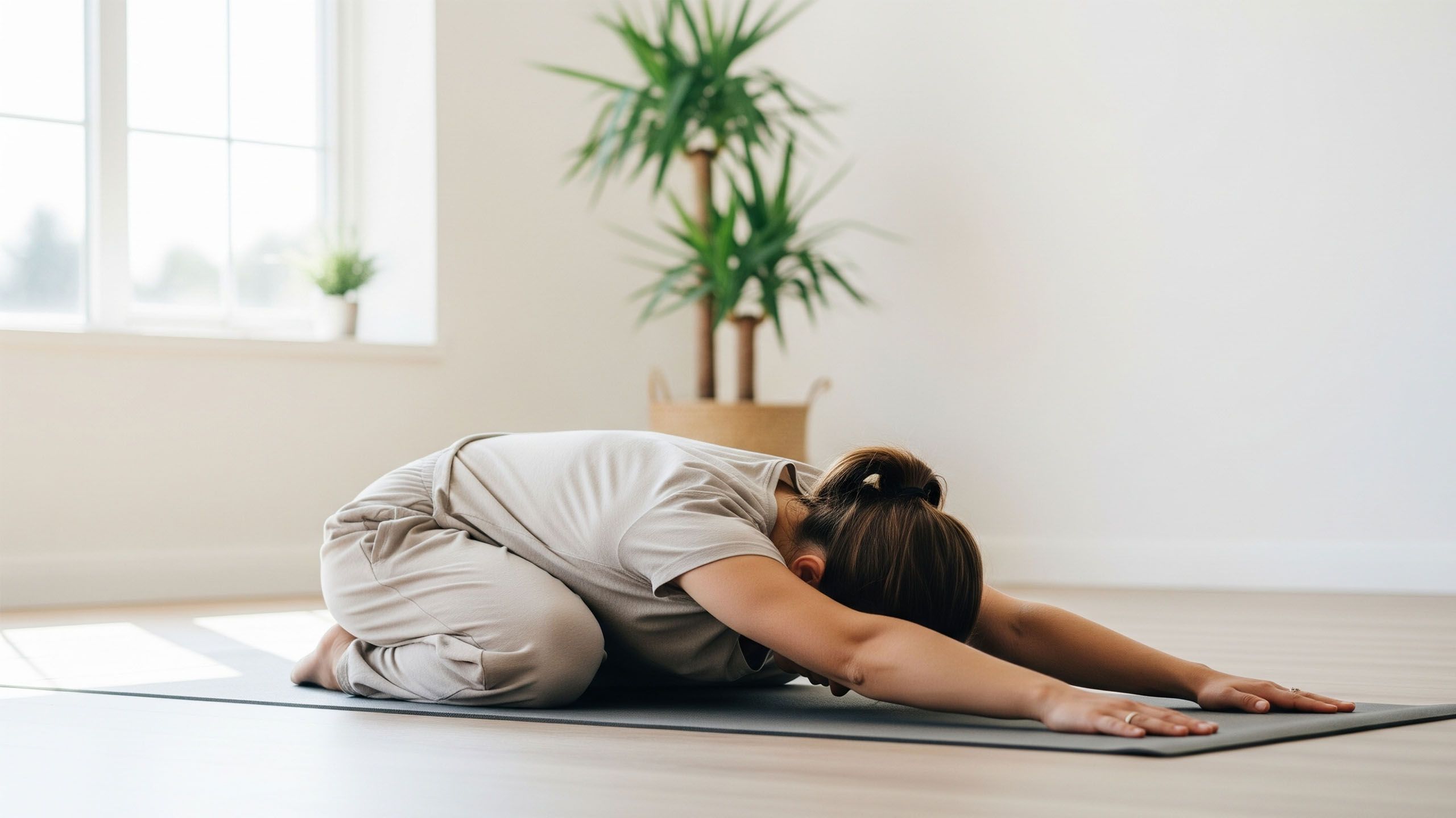 Une femme dans un cadre calme effectuant un étirement doux de la posture de l'enfant sur un tapis de yoga pour favoriser une connexion corps-esprit.