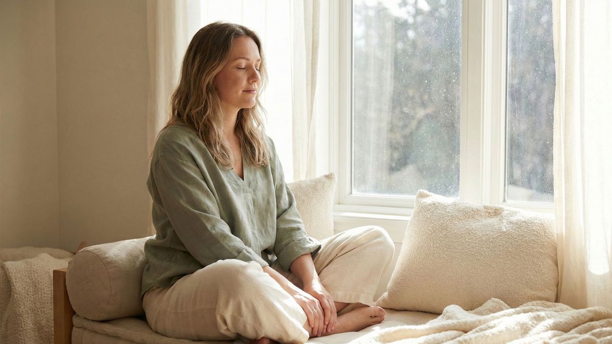 Une femme pratiquant la méditation de pleine conscience dans un salon lumineux et calme.
