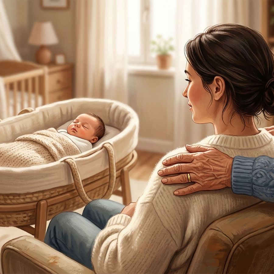 Une grand-mère soutenant une nouvelle mère et son nourrisson dans un cadre familial chaleureux.