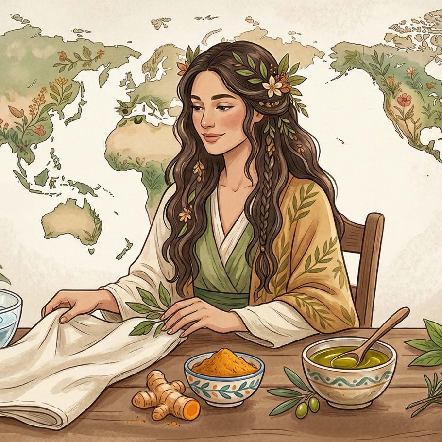 Composition minimaliste en flat-lay d’éléments de bien-être mondial : curcuma, huile d’olive, herbes et eau claire représentant les traditions d’hygiène intime.