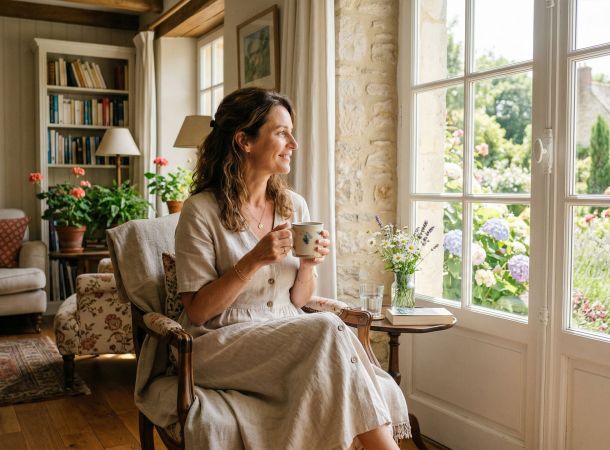 Une femme paisible profitant d’un moment calme dans une maison lumineuse et propre.