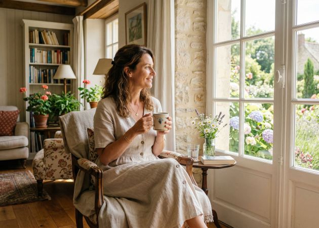Une femme paisible profitant d’un moment calme dans une maison lumineuse et propre.