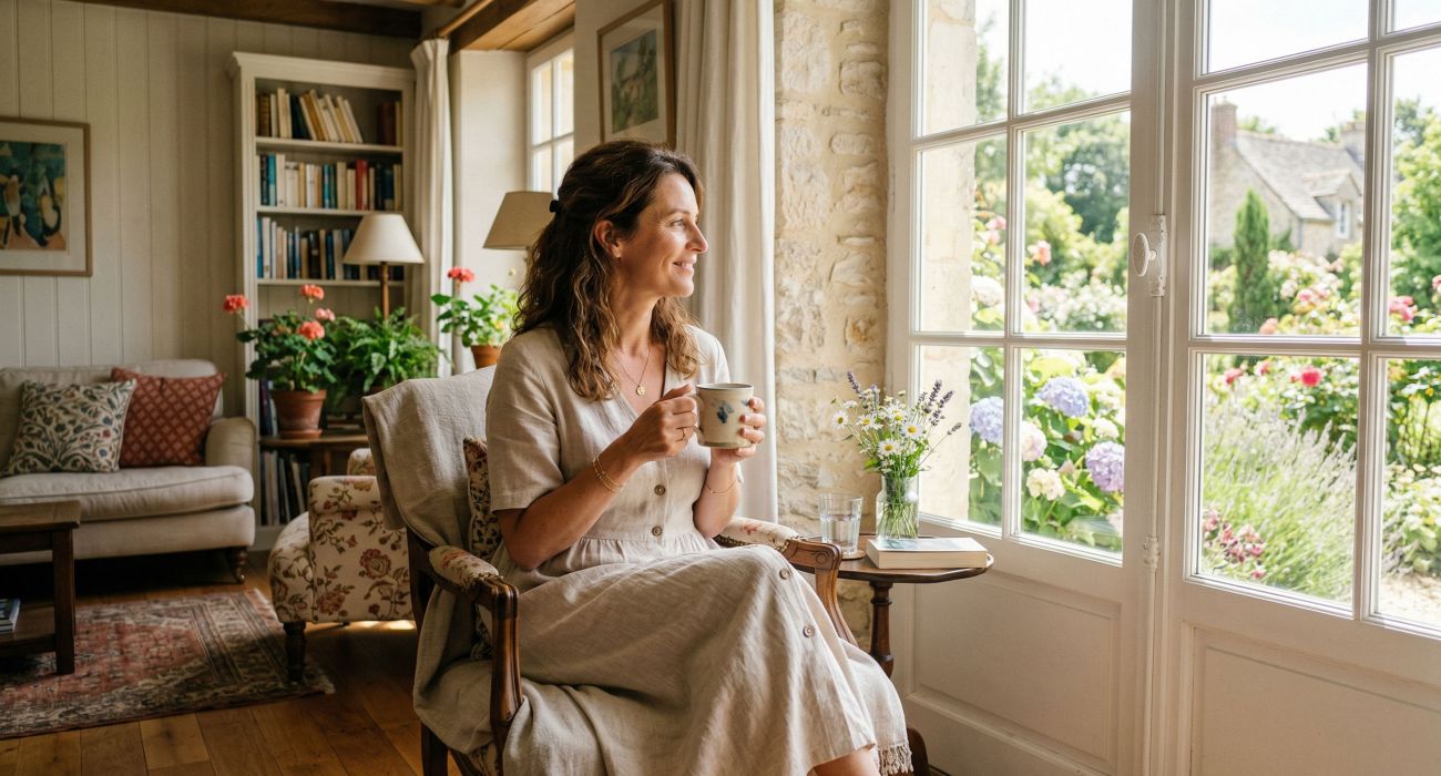 Une femme paisible profitant d’un moment calme dans une maison lumineuse et propre.