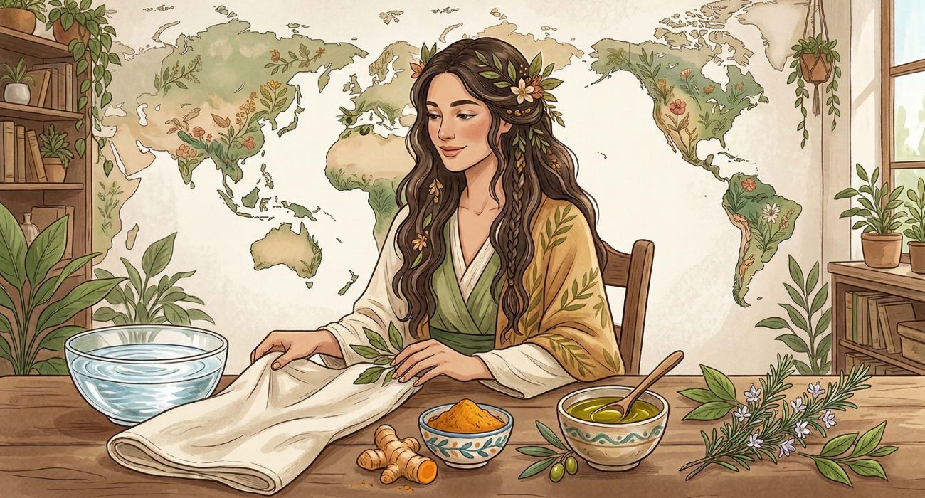 Composition minimaliste en flat-lay d’éléments de bien-être mondial : curcuma, huile d’olive, herbes et eau claire représentant les traditions d’hygiène intime.