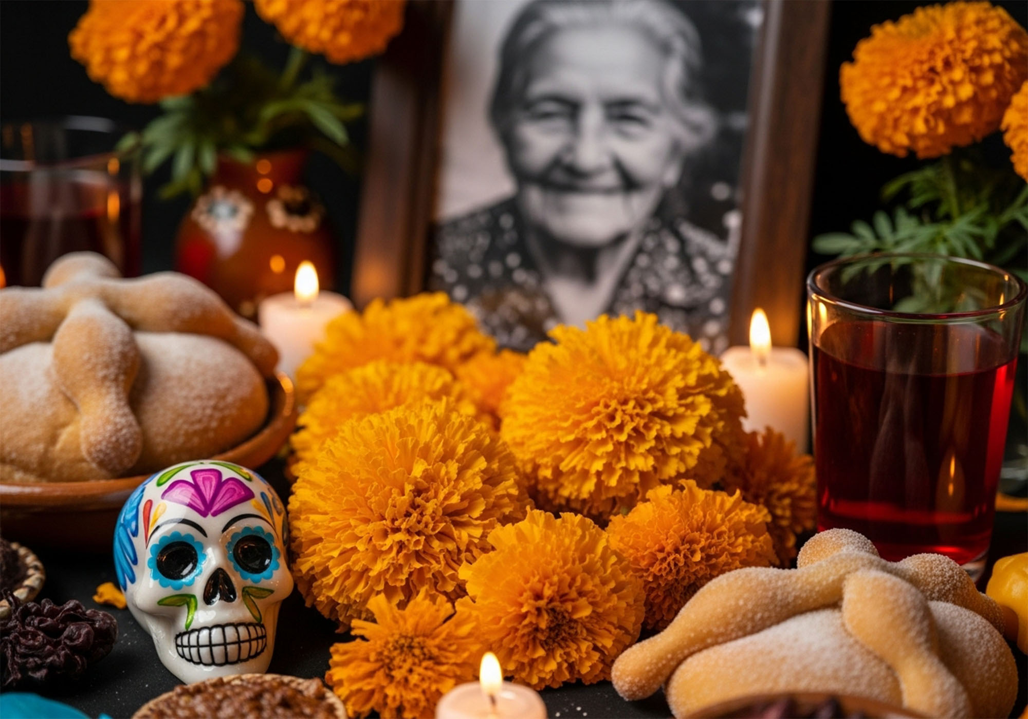 Close-up of a Day of the Dead ofrenda with marigolds, candles, and some pan de muertos