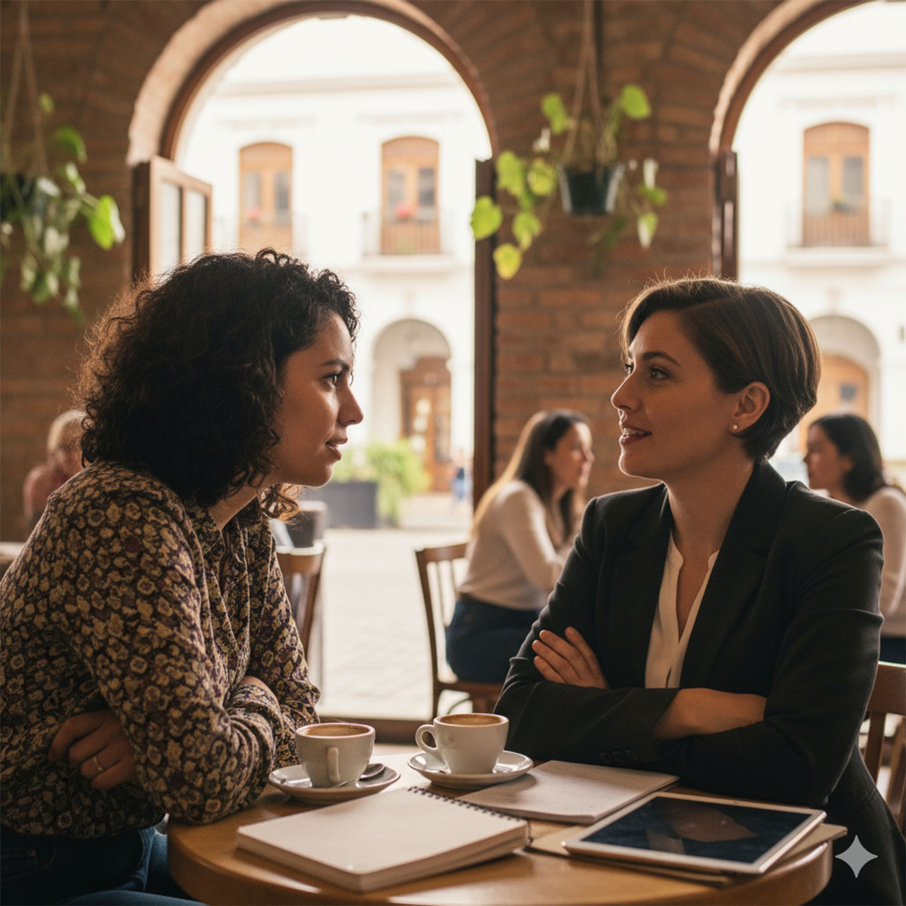 Südamerikanische Frauen diskutieren in einem Café über Beziehungen und Kultur.