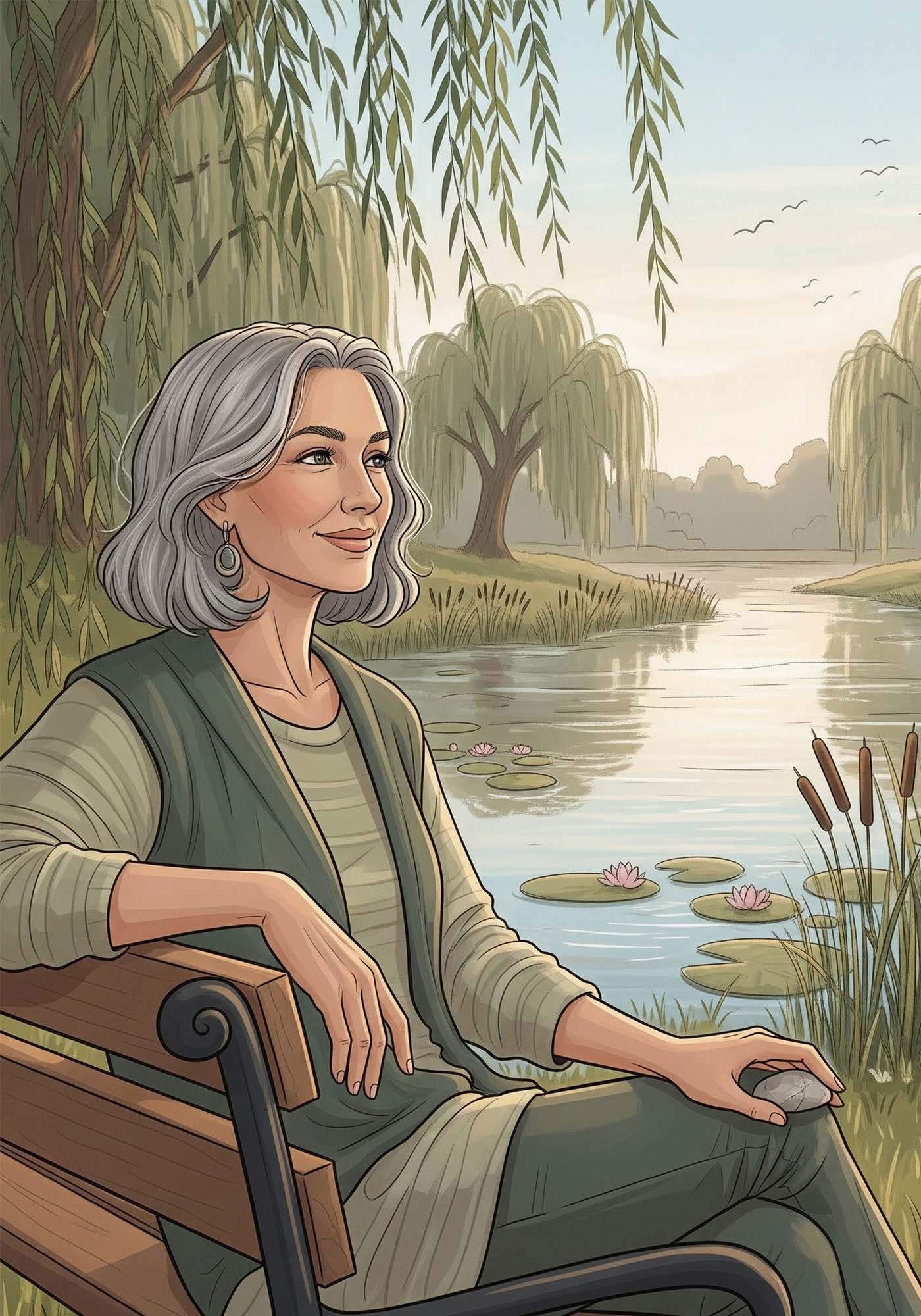 Frau in ihren 50ern im Freien in einem Park mit einer Lagune mit einem ruhigen Gesichtsausdruck