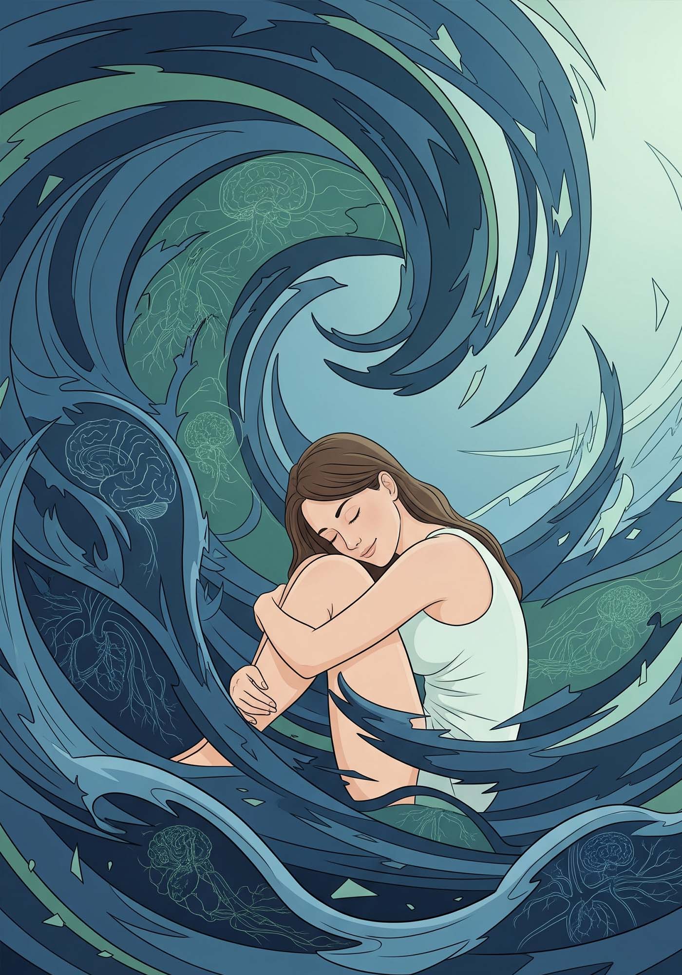 Eine heitere Illustration einer Frau in entspannter Pose inmitten abstrakter Wellen, die Stress darstellen.