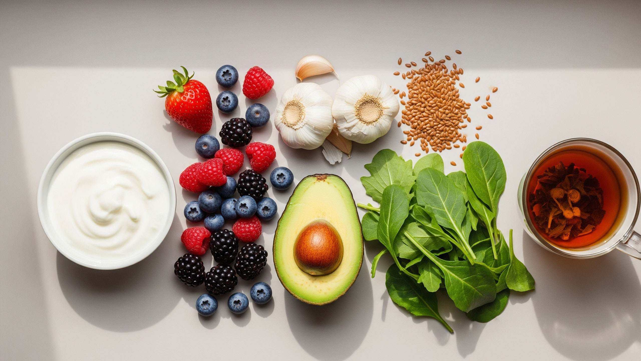 Lebensmittel zur Unterst&uuml;tzung der Vaginalgesundheit und Hormonbalance, darunter Joghurt, Avocado und Beeren.