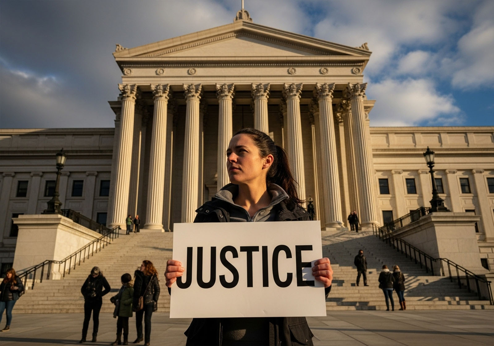 Woman in front of a courthouse reading about safety policies