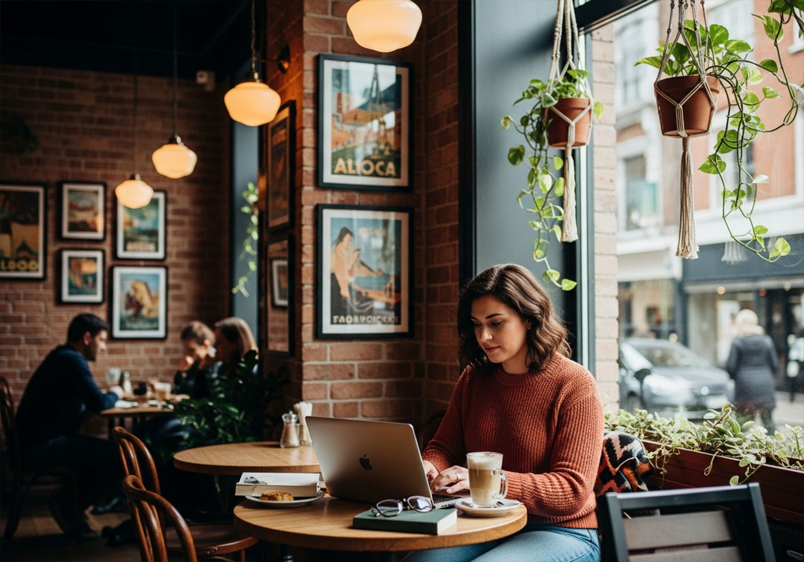 Woman working remotely in a calm city café interior