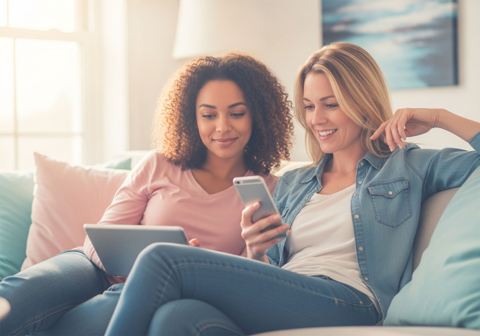 Women looking at phones, representing media influence and digital reflection.
