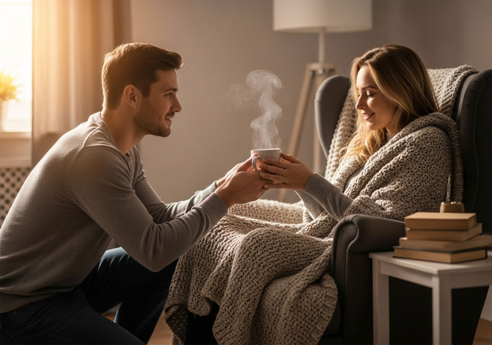 Homme offrant une boisson chaude à une femme à la maison, illustrant un petit geste romantique dans la vie quotidienne.