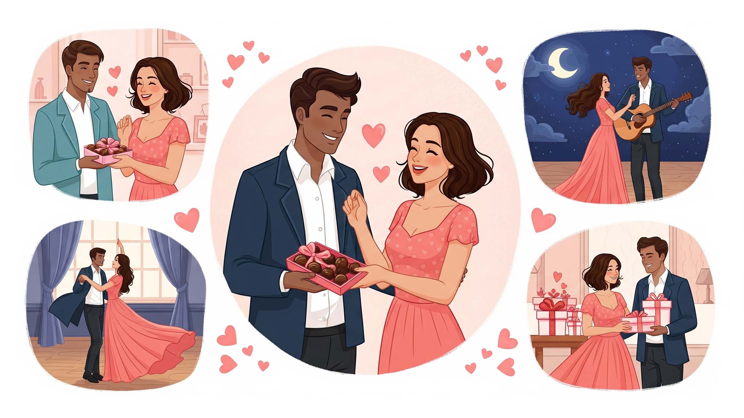 Couples from different cultures expressing love through traditional gestures