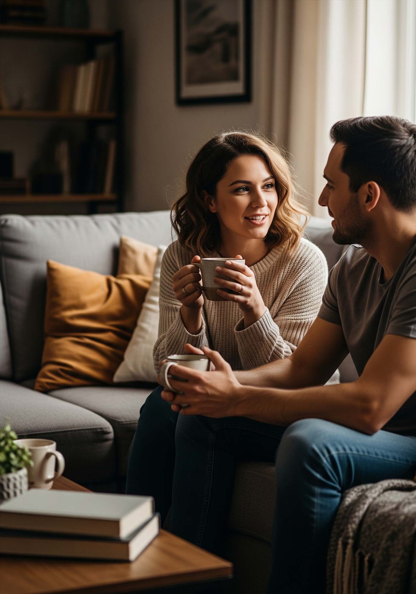 Couple sitting on a sofa having a calm, supportive conversation