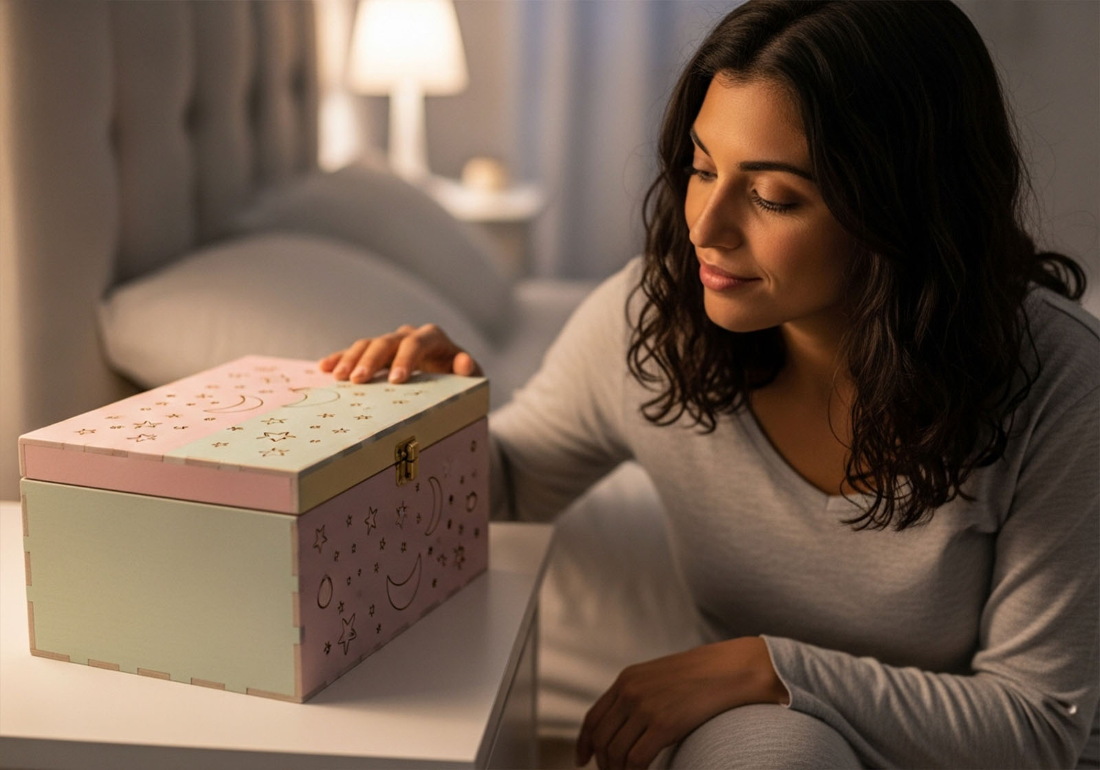 Discreet pastel toy storage box on a bedside table