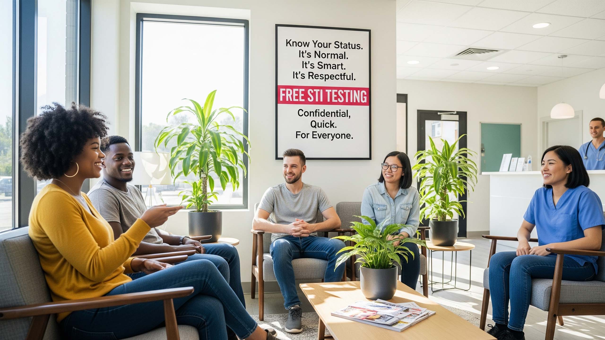 Two couples in a waiting area in a clinic for STI testing before having sex for the first time, symbolizing shared responsibility for sexual health.