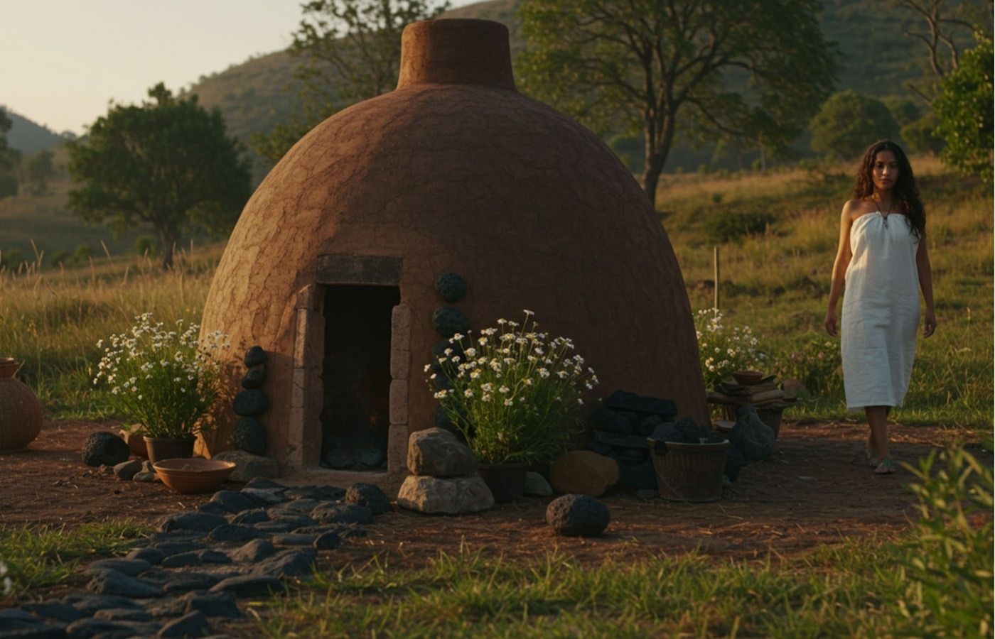 A woman walking around a temazcal hut for vaginal care.