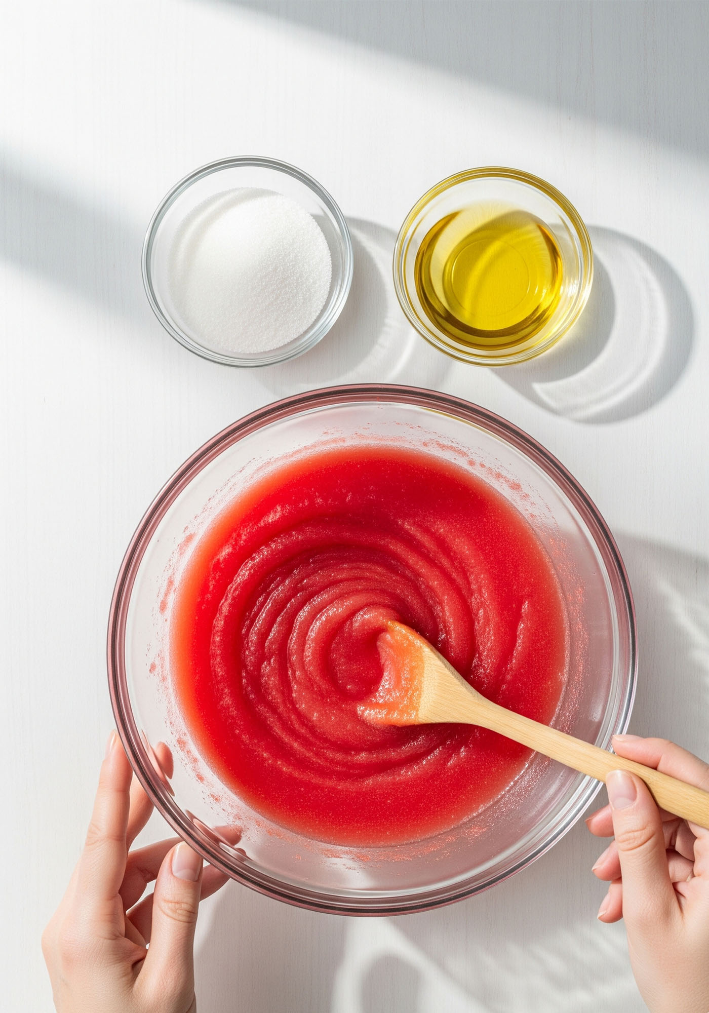 Mixing sugar, watermelong and oil to create a beauty scrub