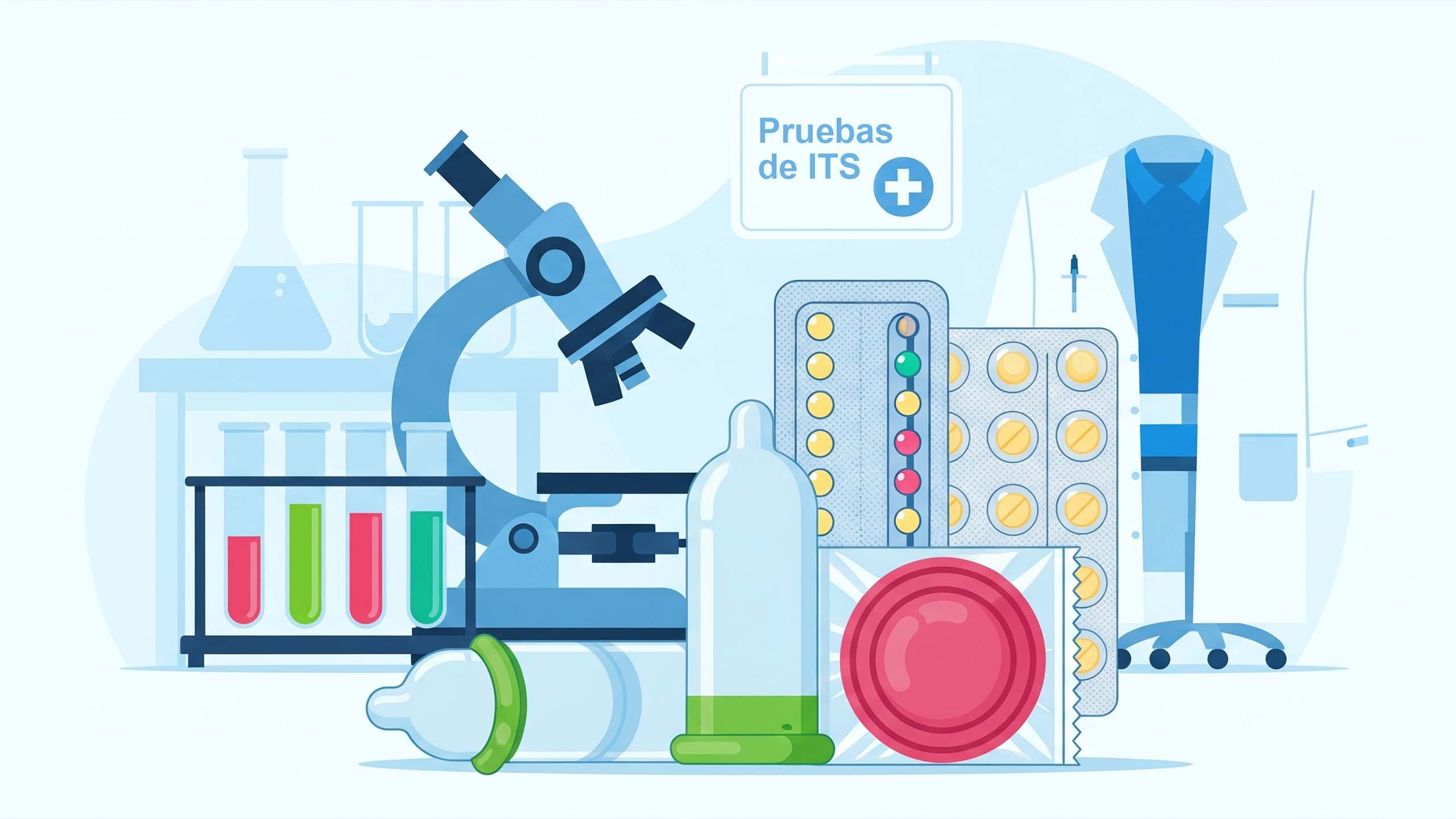 Ilustración de métodos de protección para sexo seguro, incluyendo condones y píldoras anticonceptivas