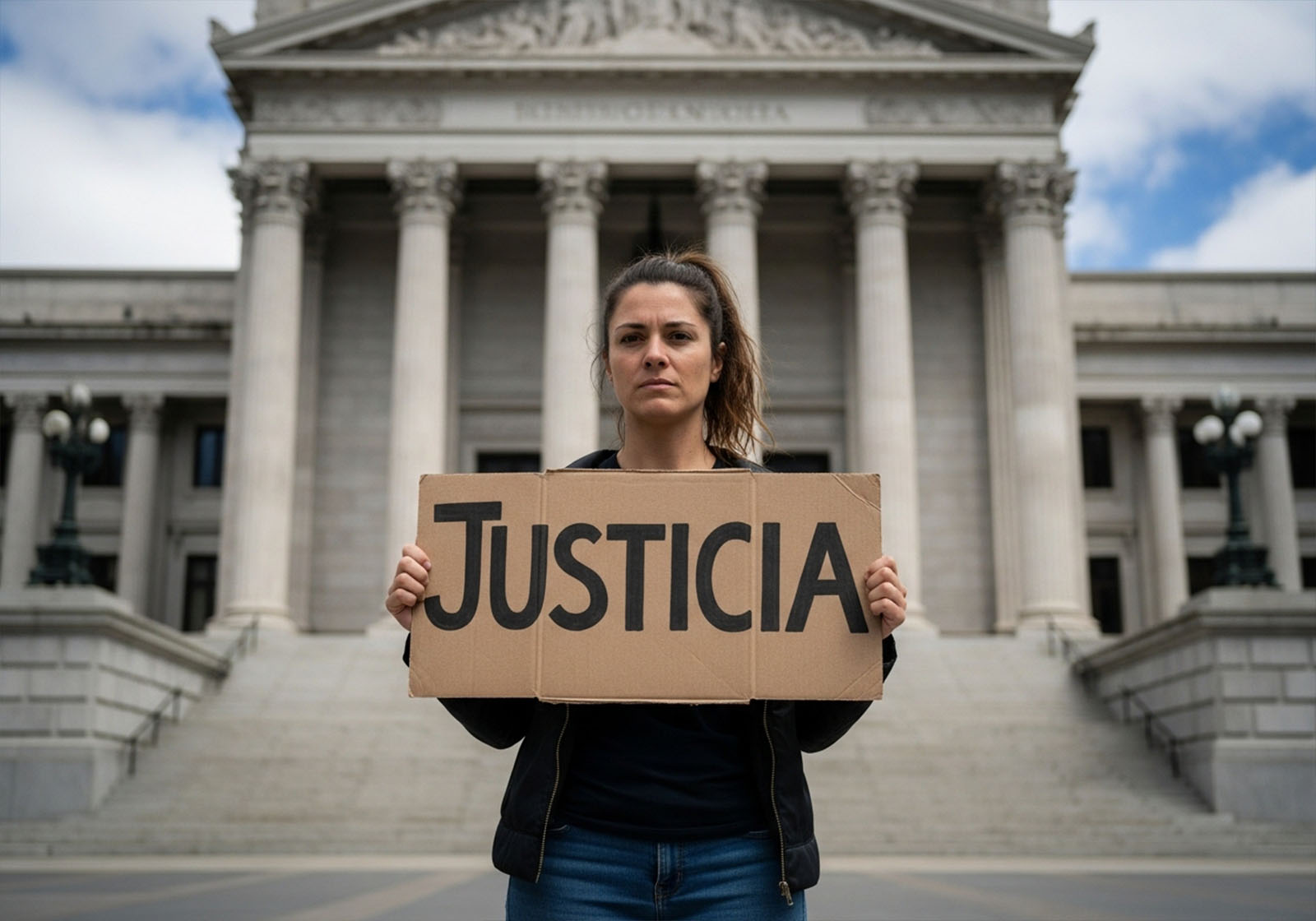 Mujer frente a un juzgado leyendo un informe de seguridad