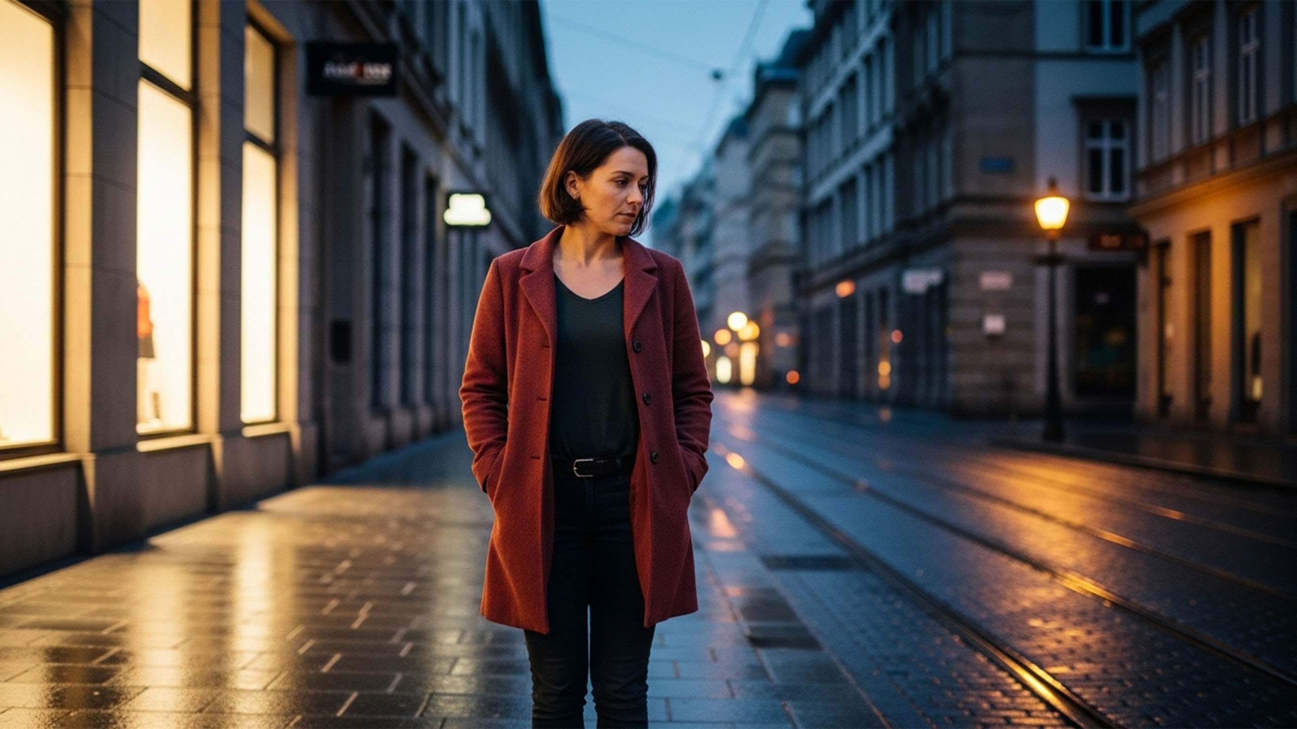 Mujer caminando sola por una calle de ciudad al atardecer, simbolizando la preocupaci&oacute;n por la seguridad y la confianza en las instituciones occidentales.