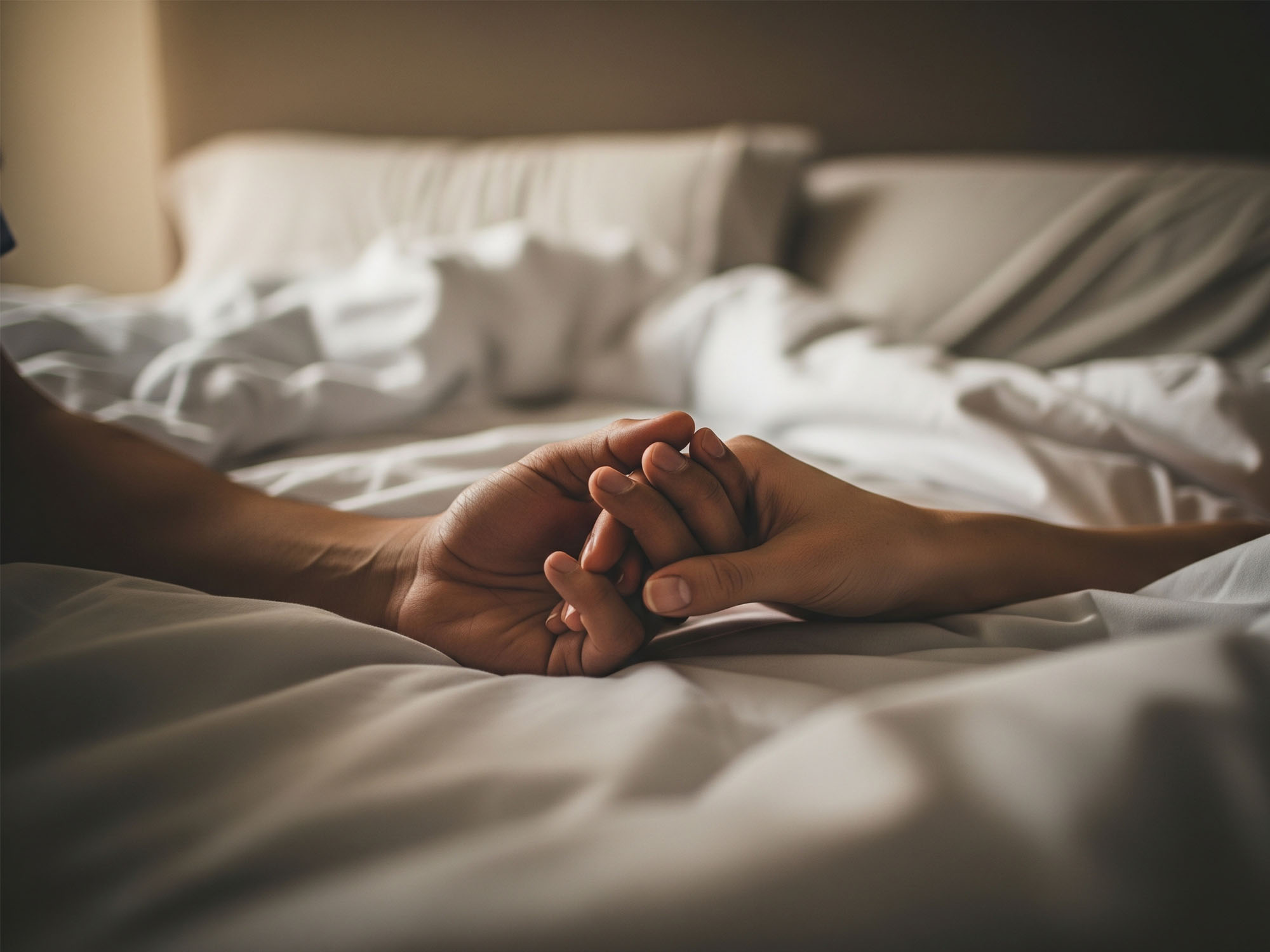 Gros plan sur les mains d'un couple jointes au lit
