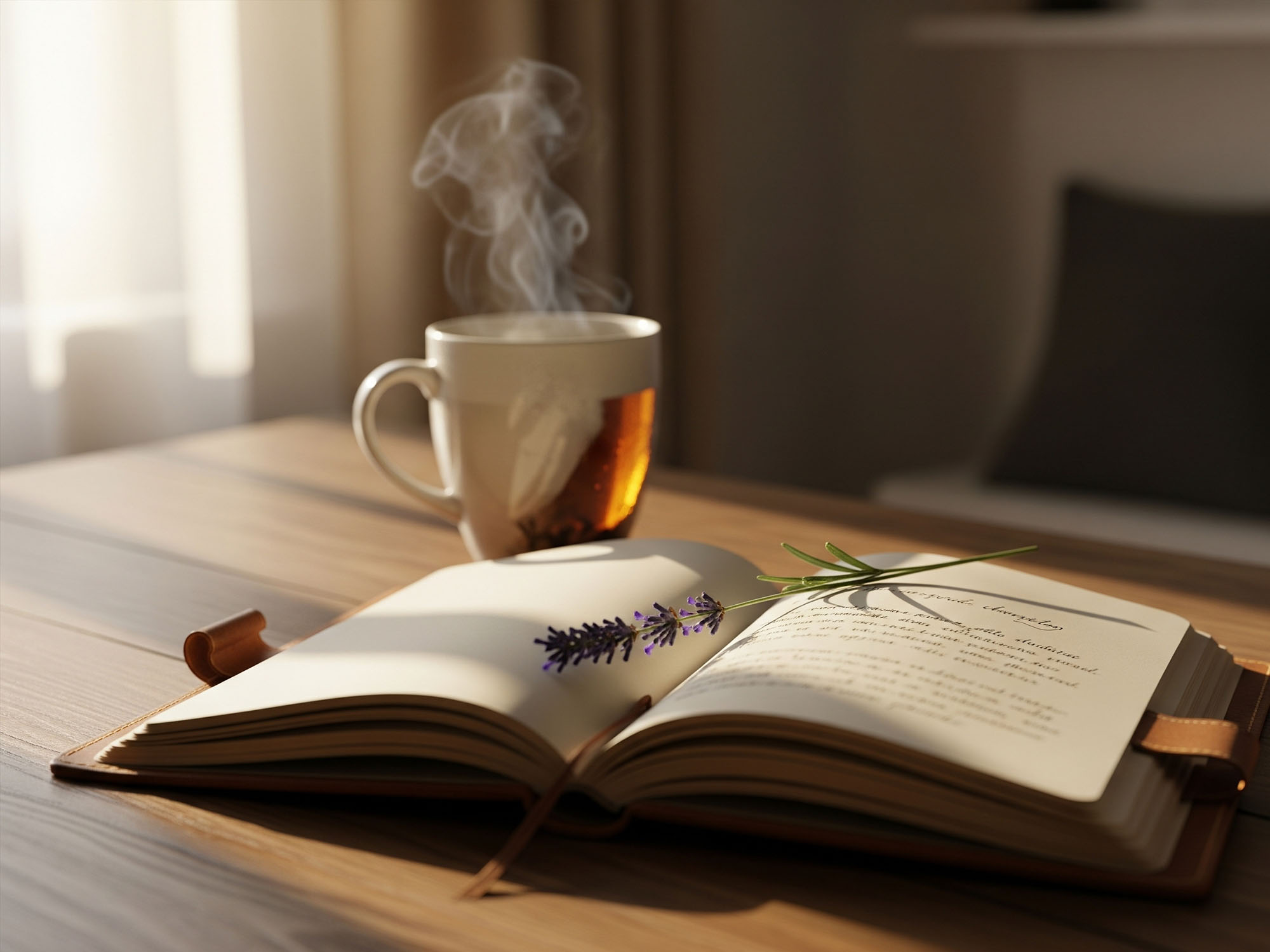 Thé journal, lumière naturelle pour symboliser la pleine conscience