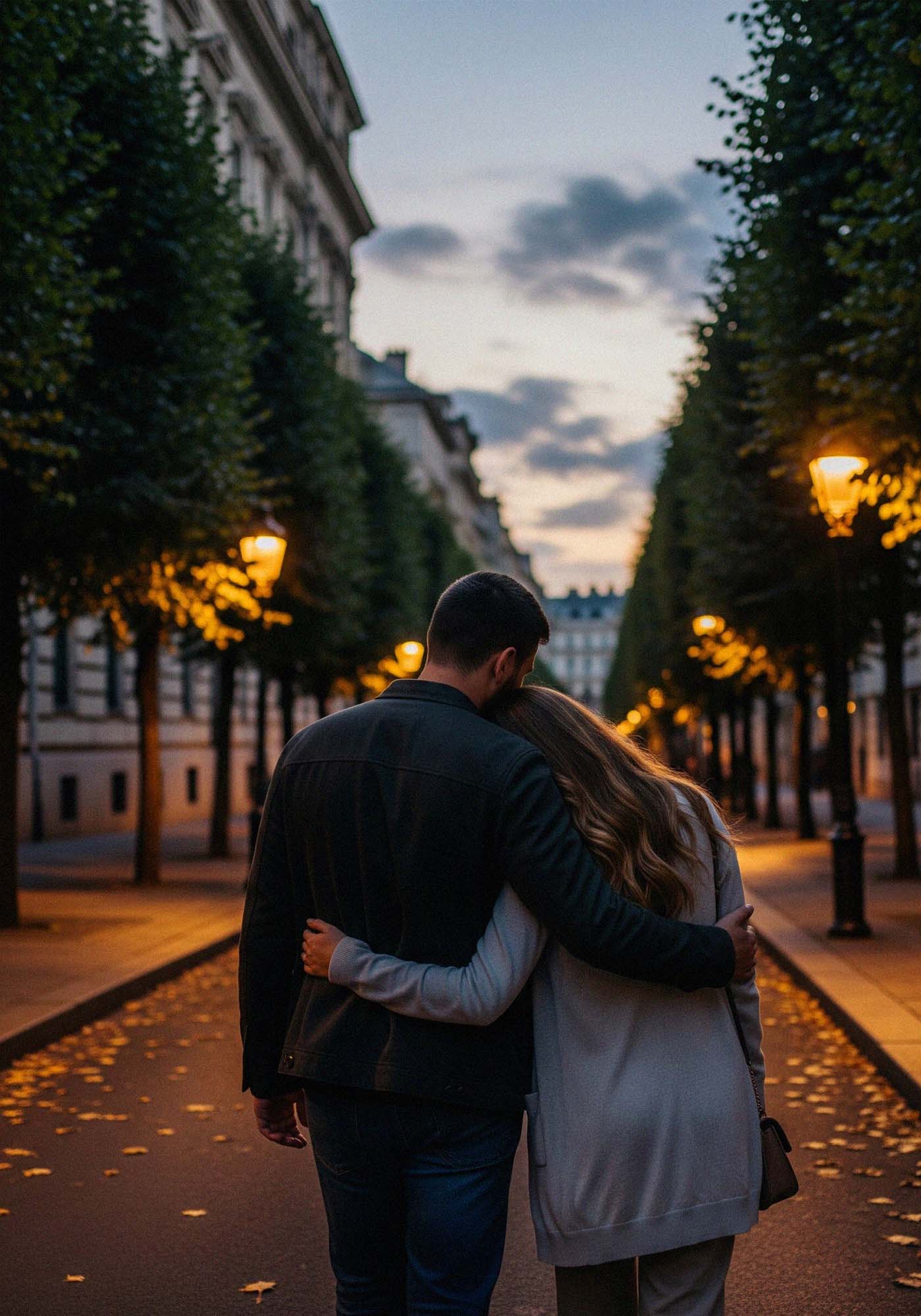 Un couple marchant avec une femme appuyée sur l'épaule de l'homme amoureux