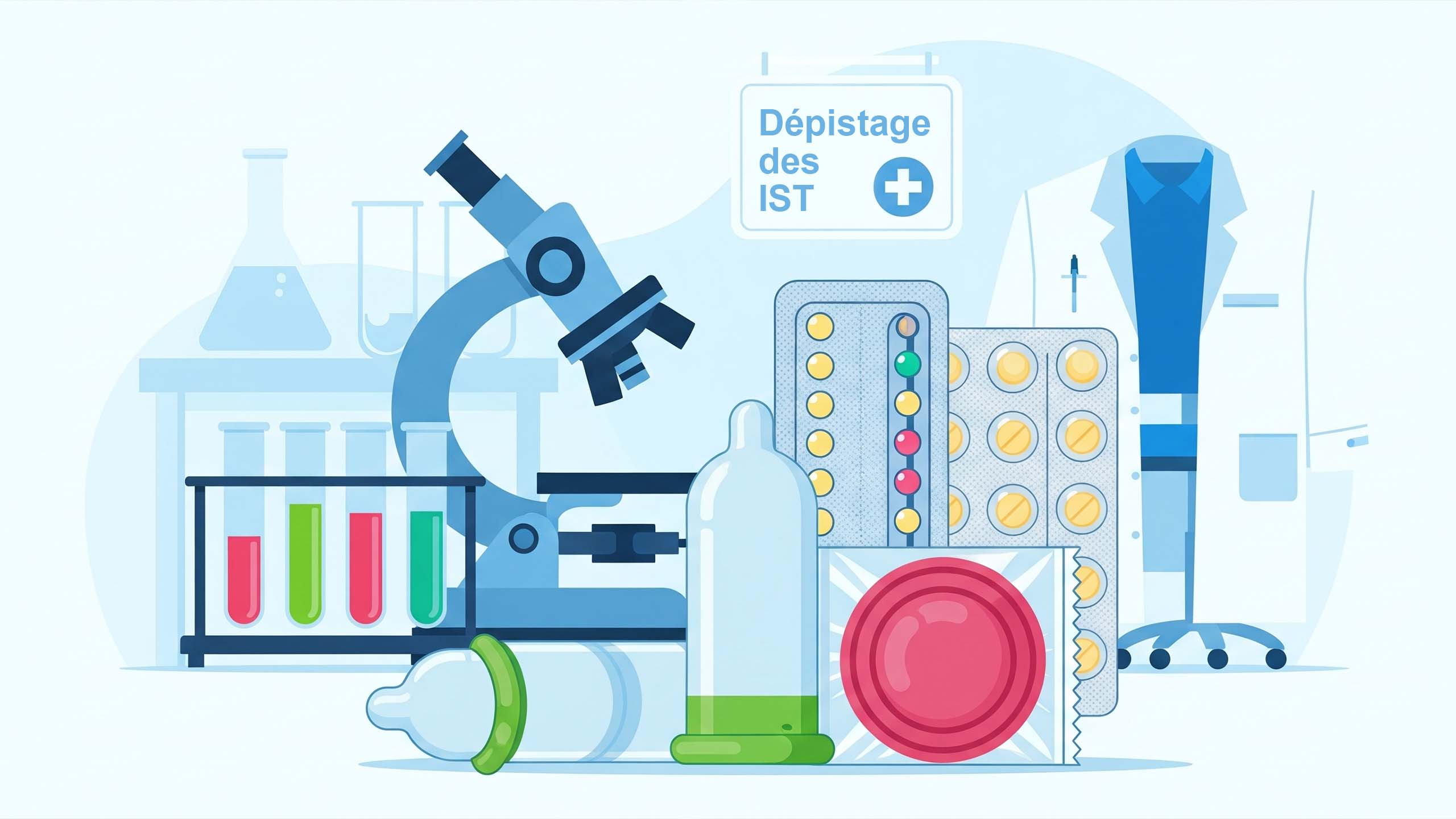 Illustration des méthodes de protection pour le sexe sûr, y compris les préservatifs et les pilules contraceptives