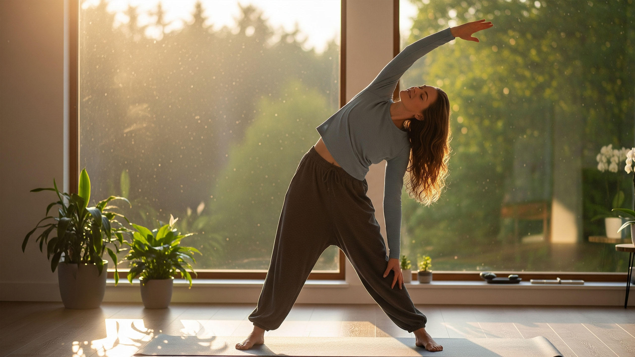 Une femme dans un cadre calme pratiquant une posture de yoga douce pour illustrer le soulagement naturel du stress pour le SPM.